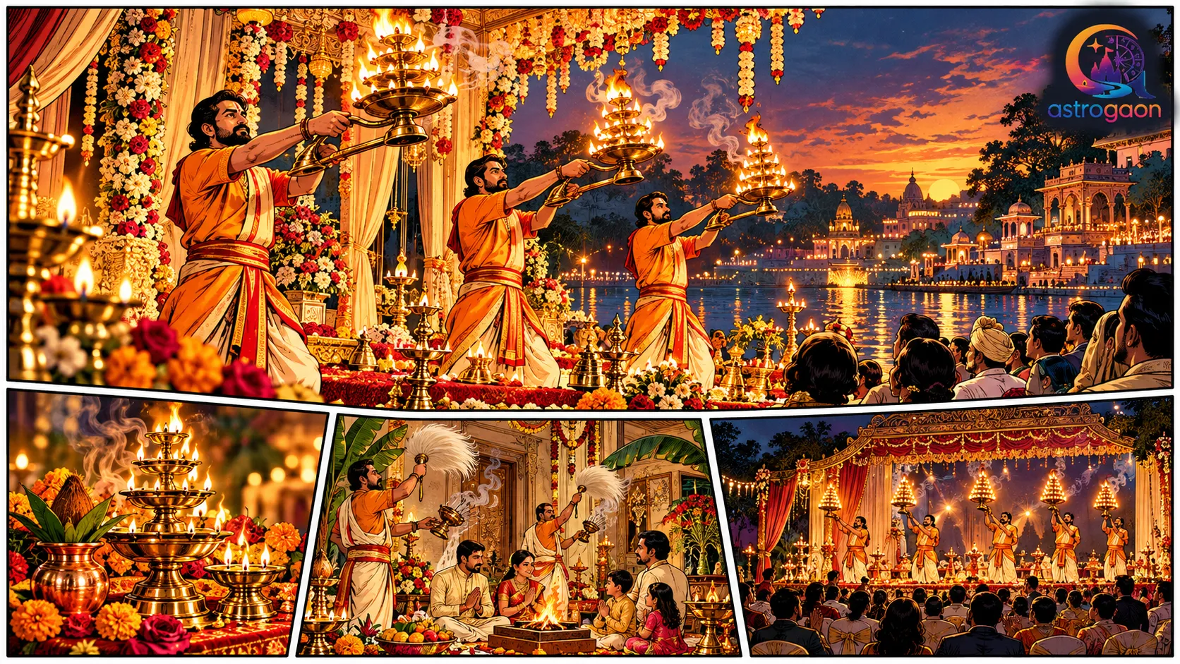 Vedic priests performing a grand Ganga Aarti ritual with multi-tiered brass lamps during a traditional wedding celebration.